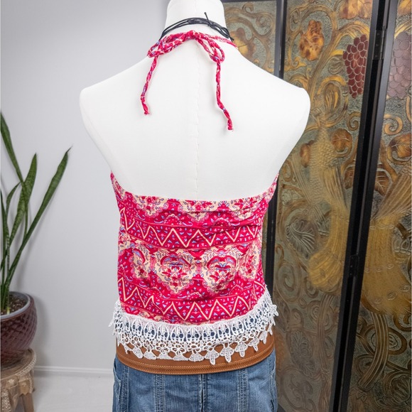Handmade Pink Embroidered Halter Top - Crochet Lace Trim Y2K Boho - Small - Picture 3 of 6